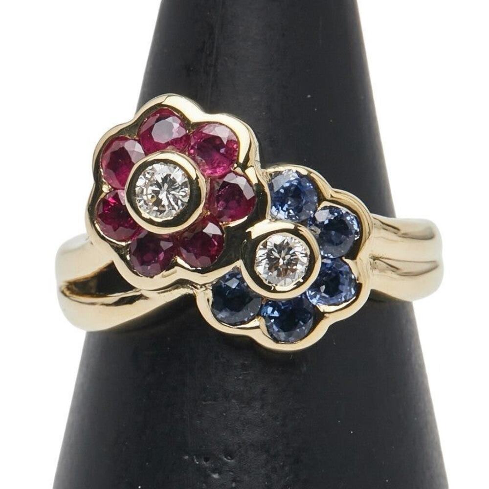 Unbranded Diamond Ruby Sapphire Flower 18K Yellow Gold Ring Multicolor